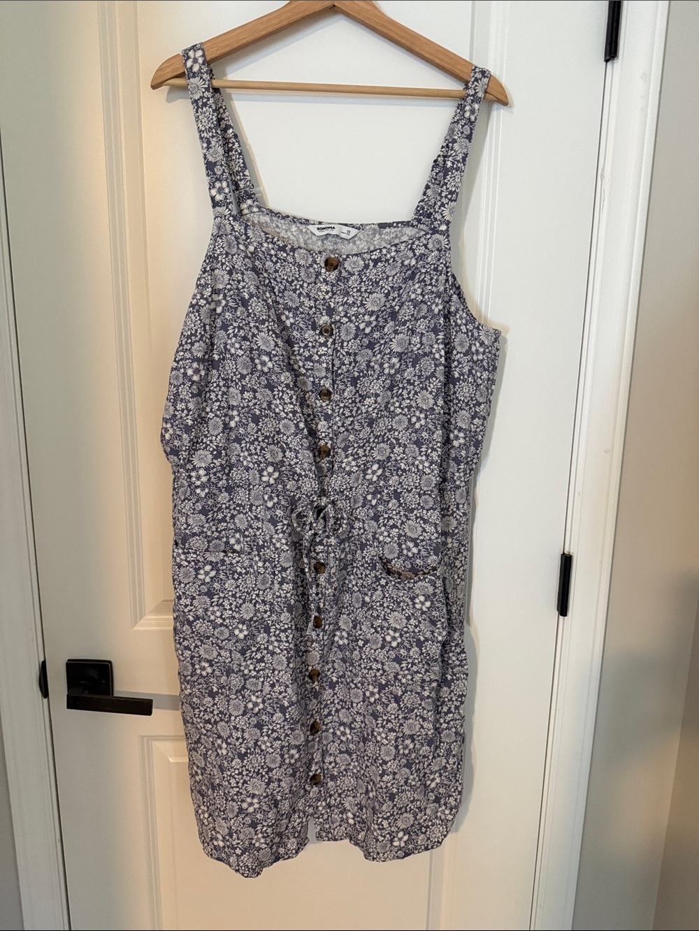 Sonoma Navy and White Floral Midi Dress with Front Buttons